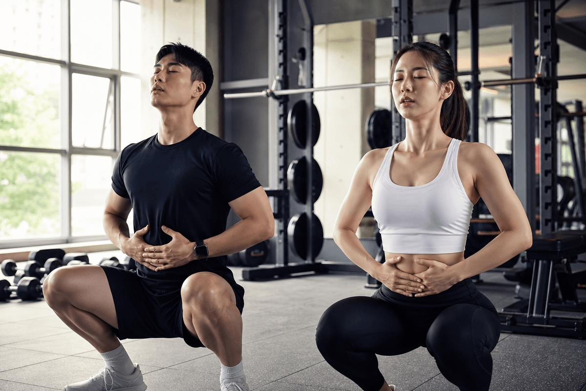 운동 중 복식호흡을 적용해 스쿼트 자세로 들숨과 날숨 리듬을 익히는 모습