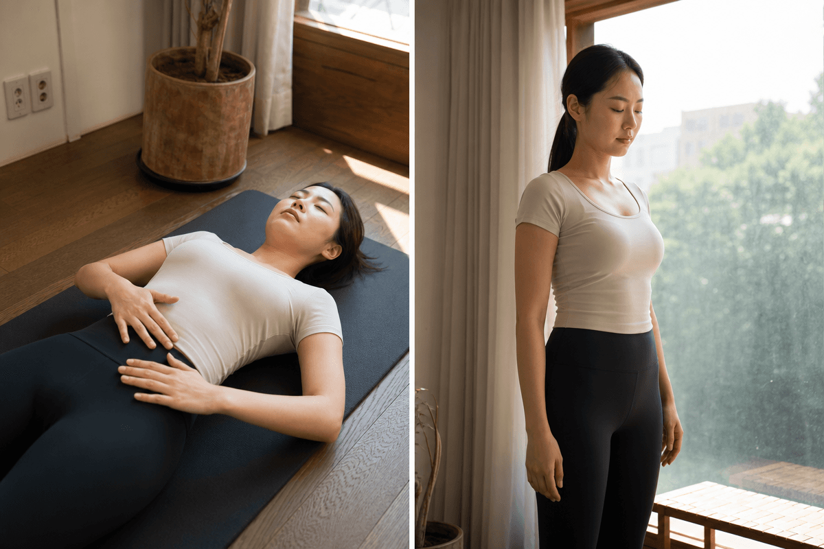 요가 매트 위에서 복식호흡을 연습하며 어깨 긴장을 풀고 올바른 발성 자세를 익히는 모습 고음 목 갈라짐 예방에 도움