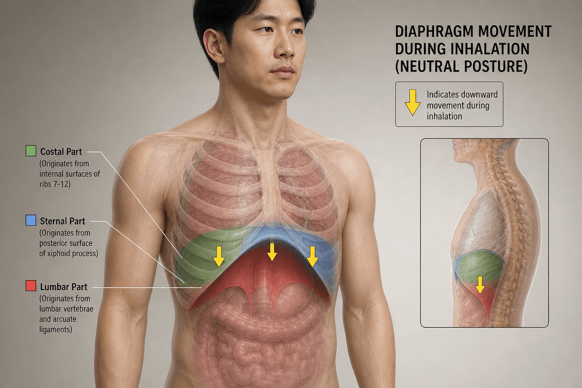 남성 상체 단면에 횡격막의 위치와 역할을 보여주는 해부학적 이미지로 복식호흡 흉식호흡 이해를 돕는 장면