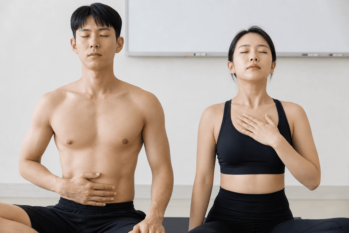 복식호흡과 흉식호흡 차이를 비교하는 두 사람의 자세를 보여주는 이미지