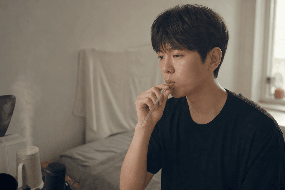 조용한 방에서 빨대를 이용해 진성 내는법을 연습하며 목의 긴장을 푸는 남성 모습