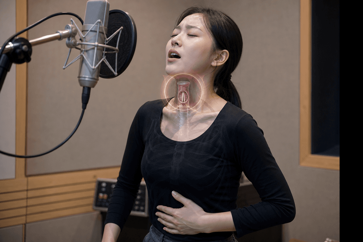고음 목소리 떨림의 원인을 설명하기 위해 목과 어깨 근육 긴장, 호흡 지지 부족이 드러난 발성 연습 장면