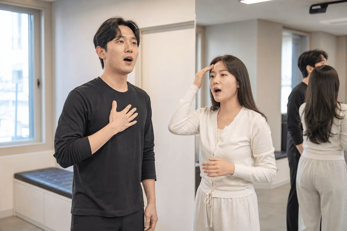 남녀 보컬이 공명 위치를 손으로 확인하며 진성 내는법 연습하는 장면