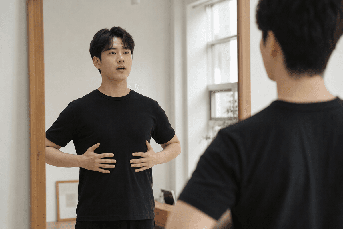 복식호흡 발성 연습 중인 남성이 거울 앞에서 갈비 확장을 확인하며 올바른 자세를 유지하는 모습