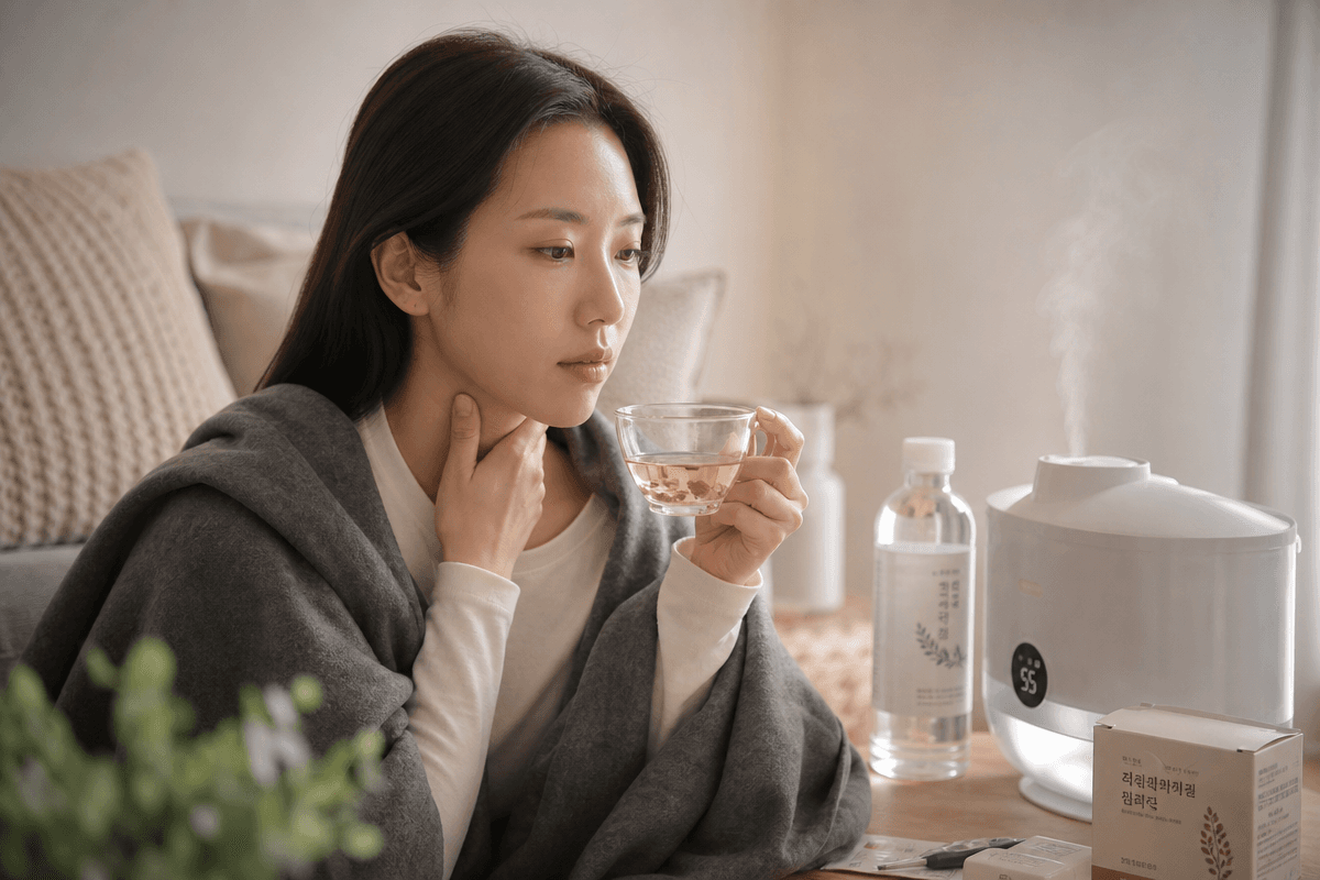 따뜻한 허브티를 마시며 가습기 옆에서 목을 휴식하는 여성의 모습으로 고음 목 갈라짐 예방 일상 관리 표현