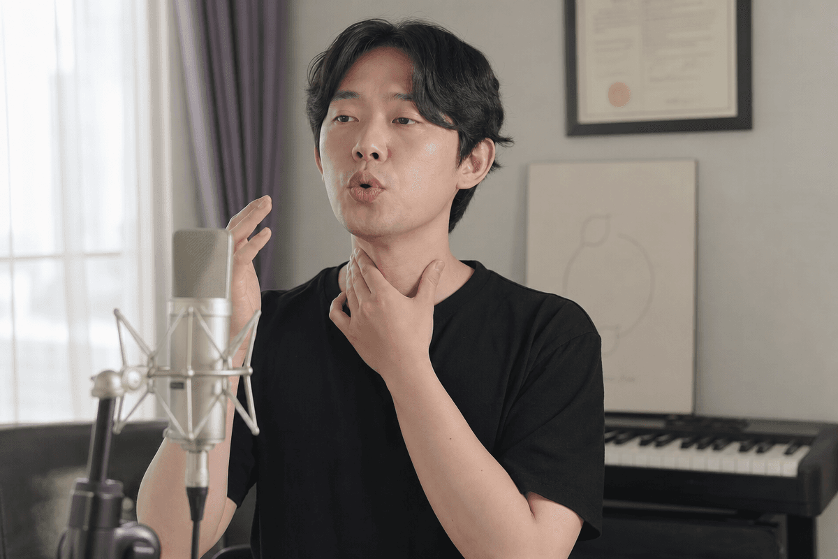 집에서 진성 가성 연결을 위한 허밍과 글라이드 연습 루틴을 단계별로 실습하는 모습