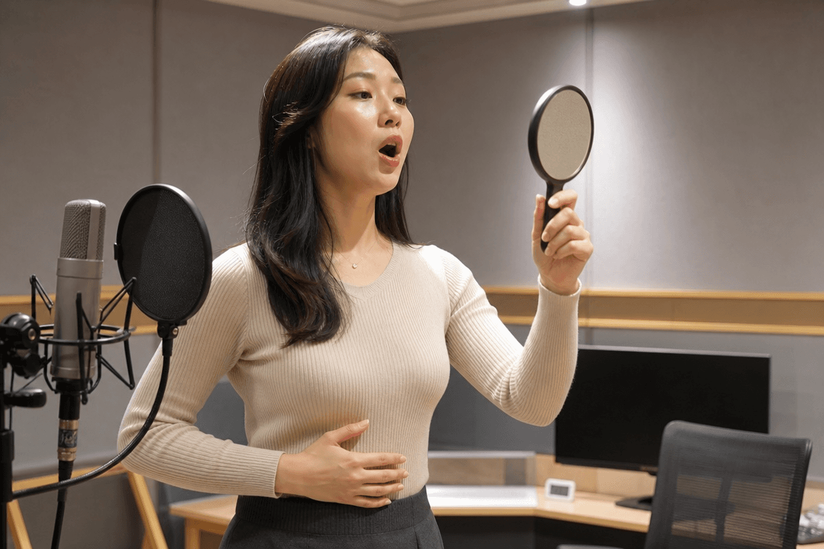 방음 스튜디오에서 롱톤 발성법 교정 연습 중인 여성 보컬이 거울로 후두 위치를 확인하며 고음 목소리 떨림을 줄이는 장면