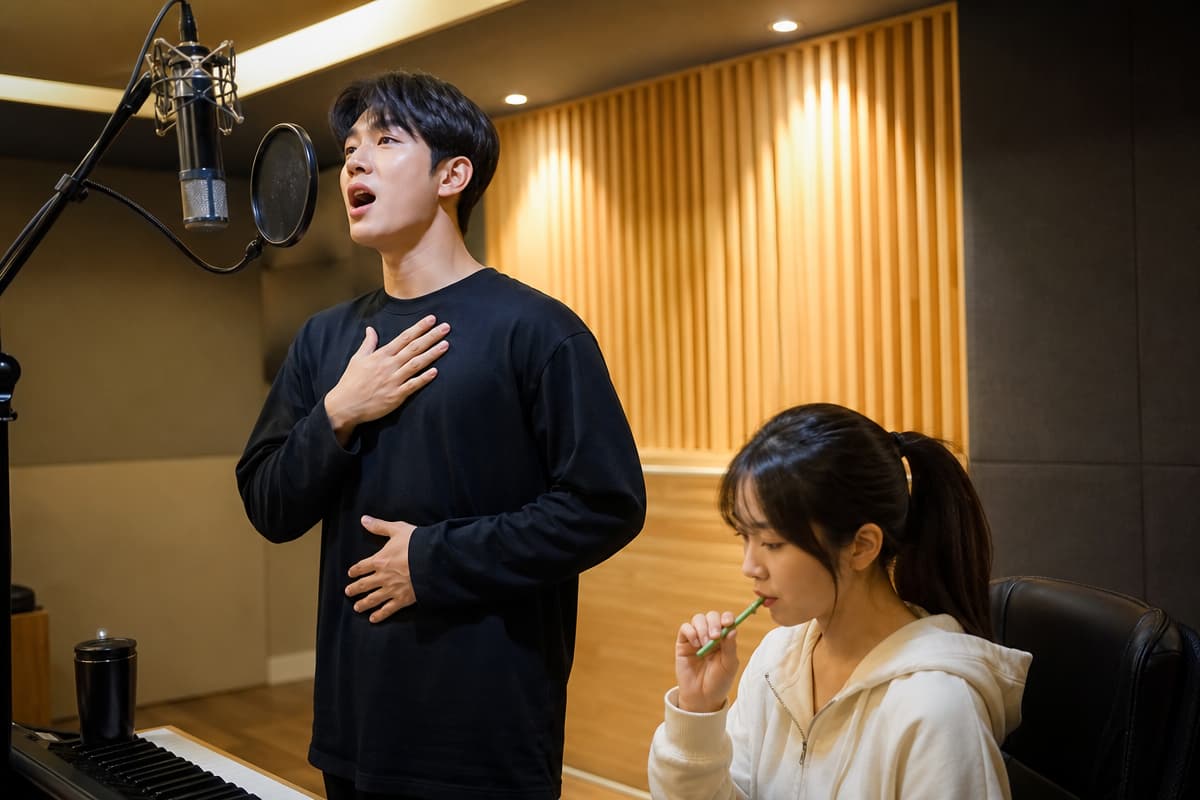 음악 연습실에서 남녀 보컬이 마이크와 빨대를 사용해 음역대 높이는 법을 연습하는 모습  