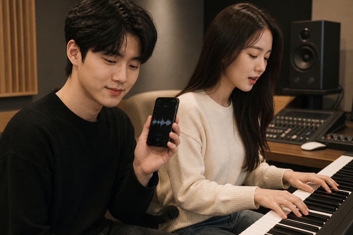 음악 스튜디오에서 피아노와 앱으로 음역대를 측정하며 자신의 발성 상태를 점검하는 장면  