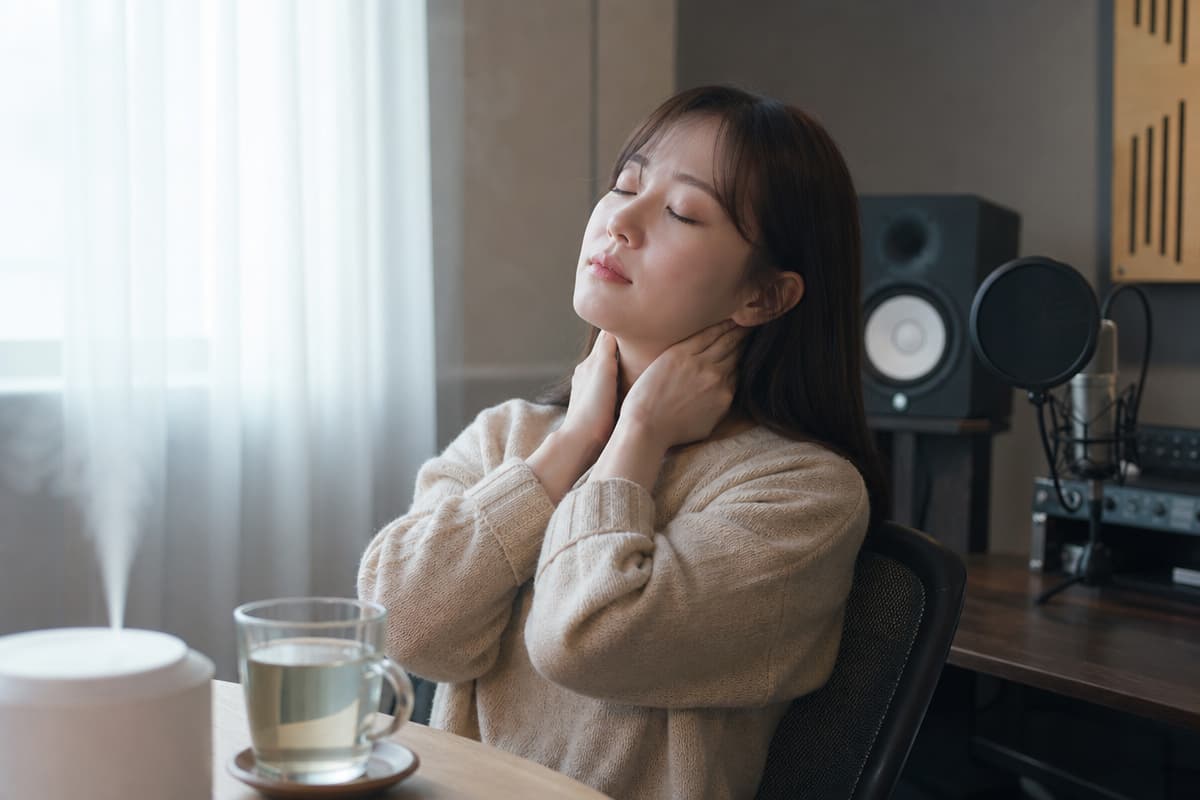 스튜디오에서 목을 마사지하며 따뜻한 물과 가습기로 성대 회복 루틴을 실천하는 여성의 모습  