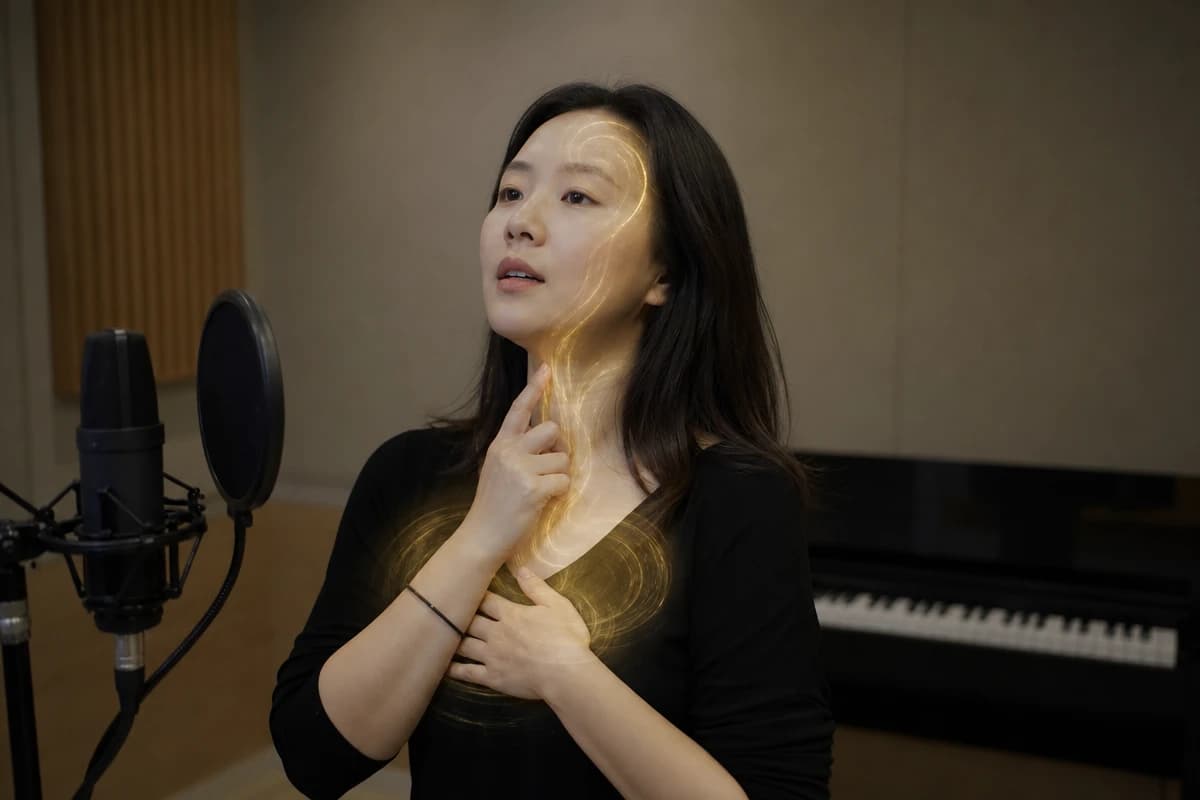 흉성 발성 원리를 설명하며 가슴과 목에 손을 댄 보컬 코치