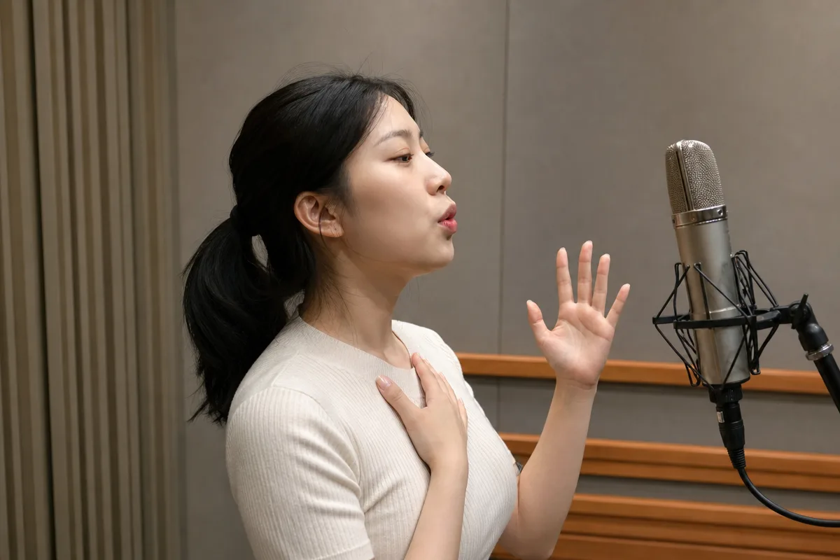 가성 진성 차이를 익히며 목 힘을 빼고 고음 발성을 연습하는 모습
