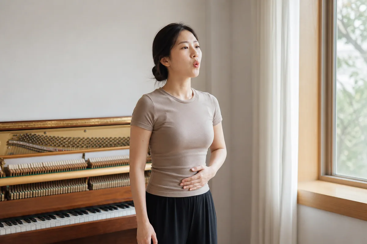 스튜디오에서 복식호흡 자세로 흉성 발성 워밍업을 하는 여성