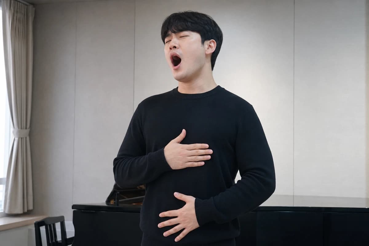 가슴과 아랫배에 손을 댄 채 복식호흡으로 흉성 쓰는법을 연습하는 모습