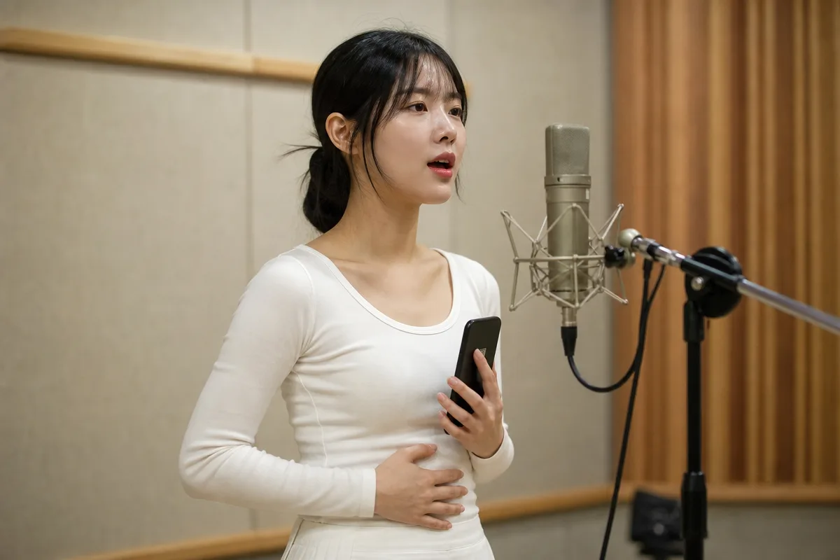 스튜디오에서 흉성 쓰는법을 연습하며 스마트폰으로 녹음 점검하는 보컬