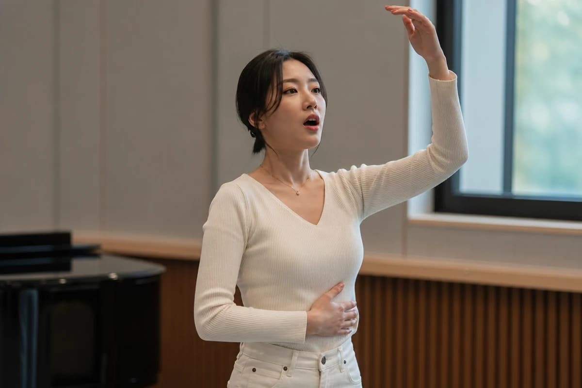 흉성 발성에서 두성으로 전환하며 한 손은 갈비뼈에, 한 손은 위로 든 보컬 연습 모습