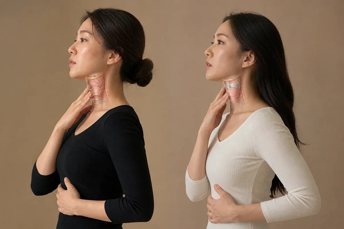 가성 진성 차이를 보여주는 여성 두 명의 성대 접촉과 호흡 자세 비교