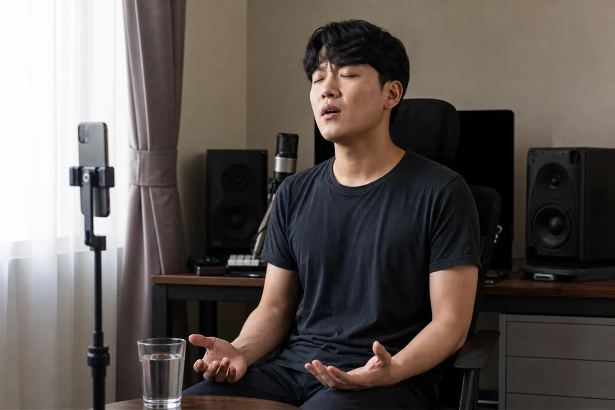 스마트폰 녹음으로 가성 고음 연습을 점검하는 보컬리스트와 물컵