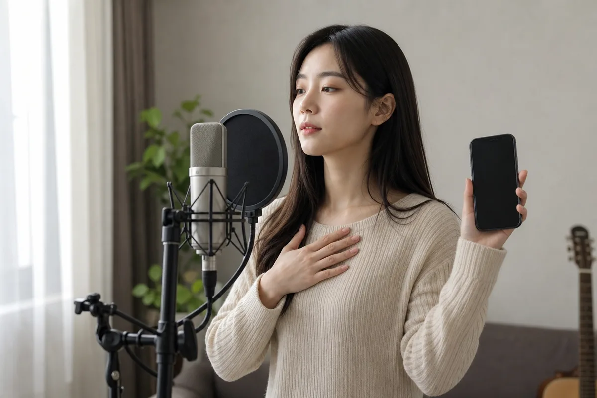 스마트폰 녹음으로 가성 진성 차이를 확인하며 발성 연습하는 모습
