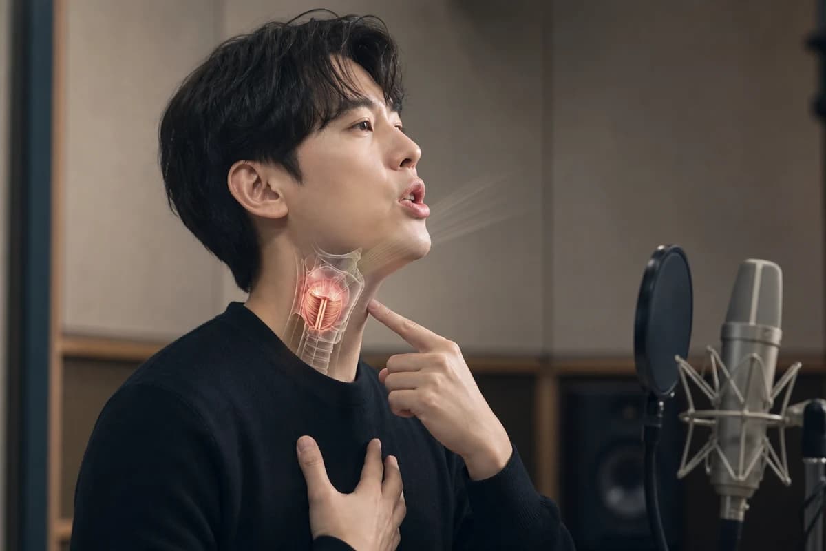 가성 고음 원리를 설명하며 목과 가슴 공명 위치를 가리키는 보컬 코치