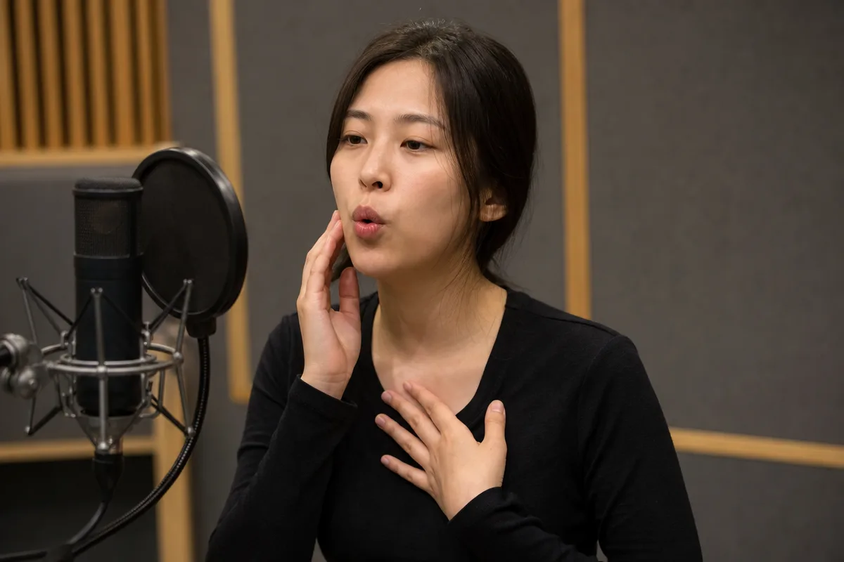 방음 연습실에서 가슴과 뺨에 손을 대고 고음 발성 립트릴을 연습하는 여성