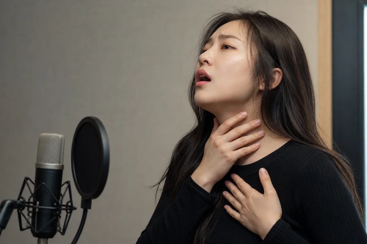 고음 연습 중 목을 만지며 긴장을 점검하는 여성의 옆모습으로 가성 고음 문제를 보여준다