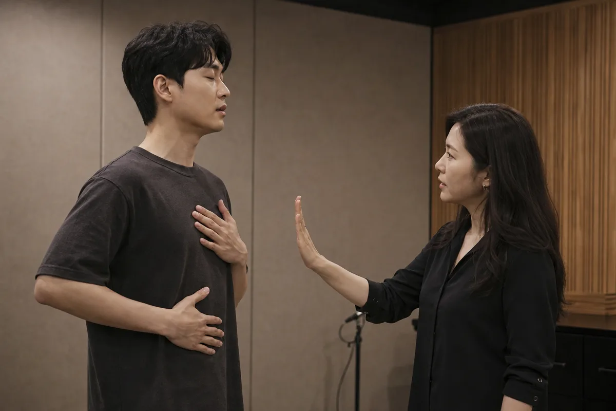 방음 스튜디오에서 코치와 함께 흉성 쓰는법을 연습하며 목 힘을 점검하는 모습