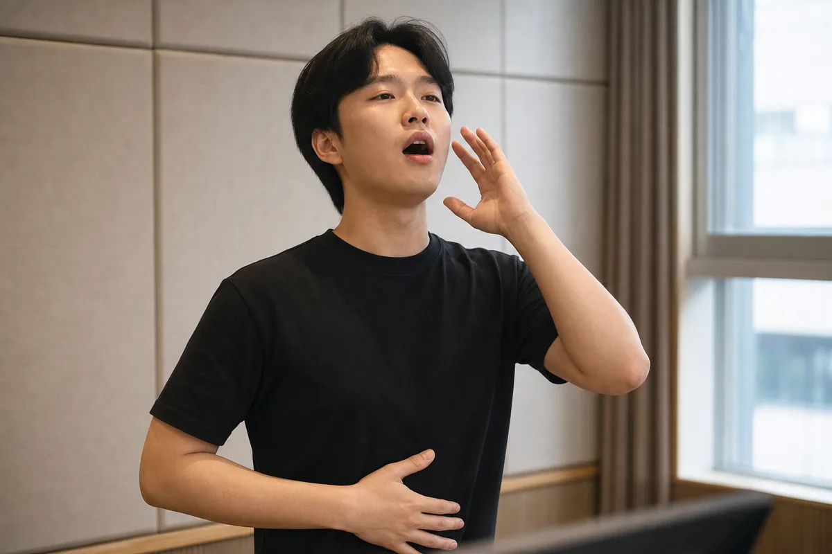고음 발성 연습 중 복식호흡과 공명 위치를 점검하는 남성의 모습