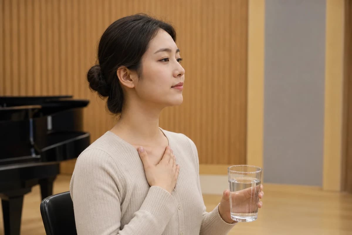 편안한 자세로 허밍하며 고음 발성 전 성대 접촉 감각을 익히는 모습