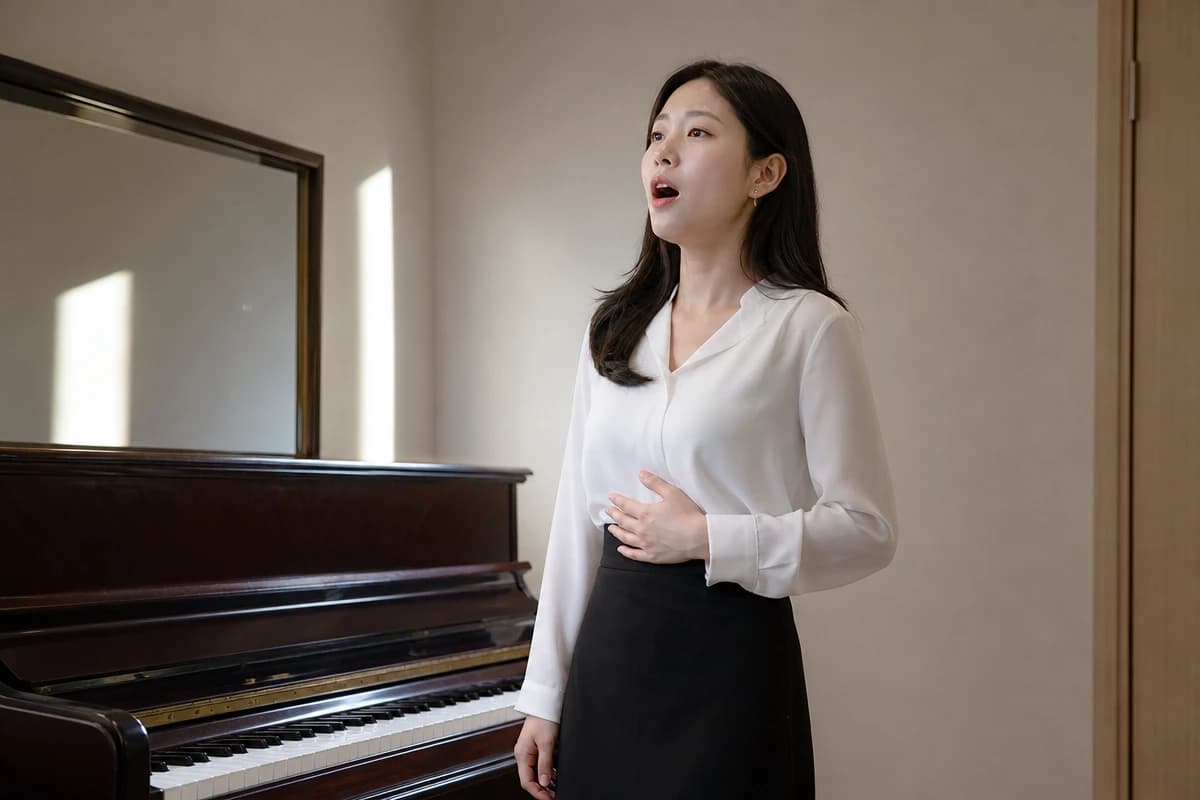 피아노 옆에서 복식호흡 자세로 고음 발성 연습을 하는 여성 보컬