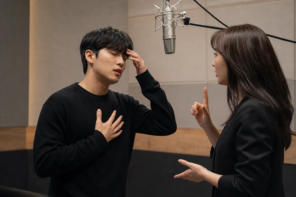 스튜디오에서 가슴과 이마에 손을 대고 가성 진성 차이를 연습하는 보컬
