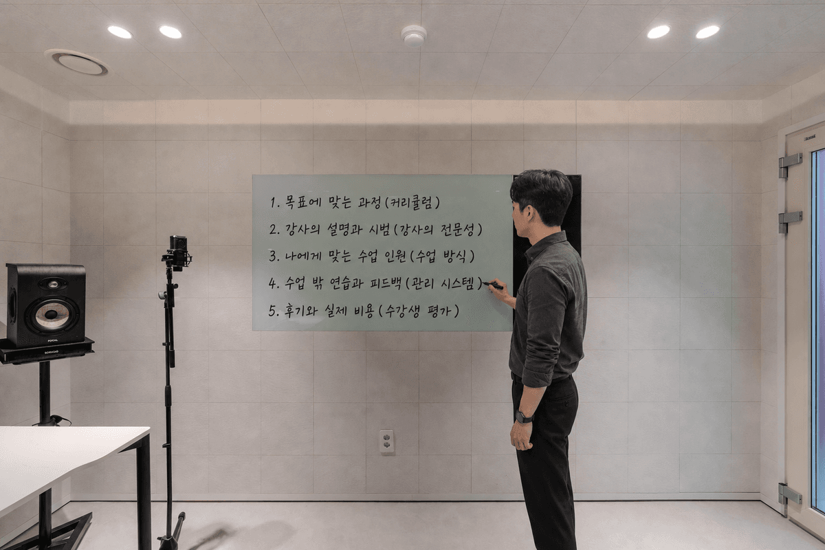 남성이 보컬룸 보드에 보컬학원 등록 기준 5가지를 적고 있다.