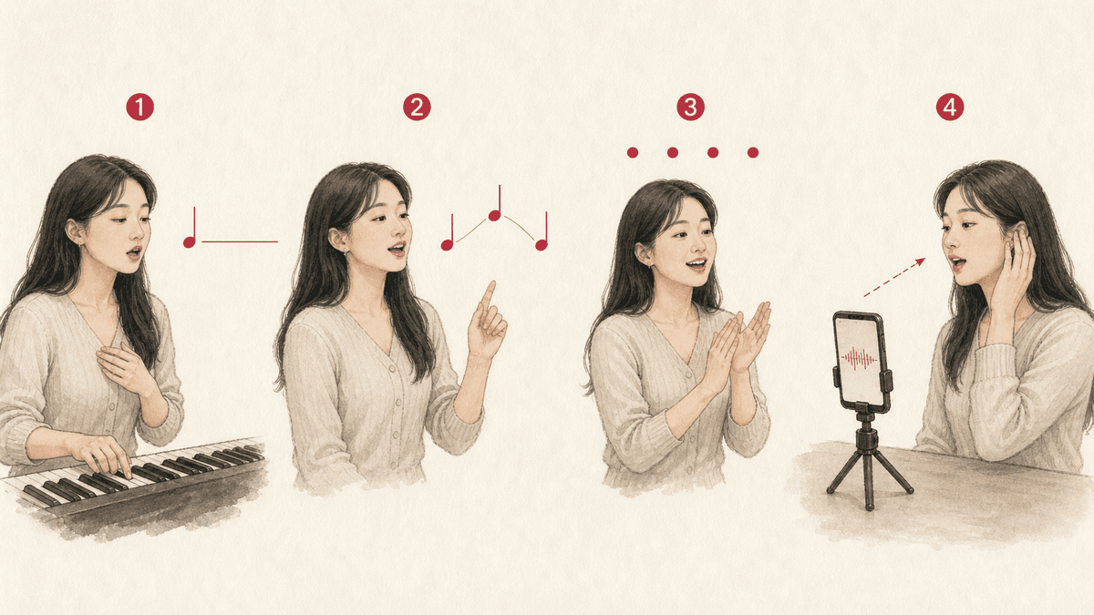 여성이 건반으로 음정, 손동작으로 박자를 연습하고 스마트폰에 노래를 녹음하며 음치 교정을 4단계로 함.