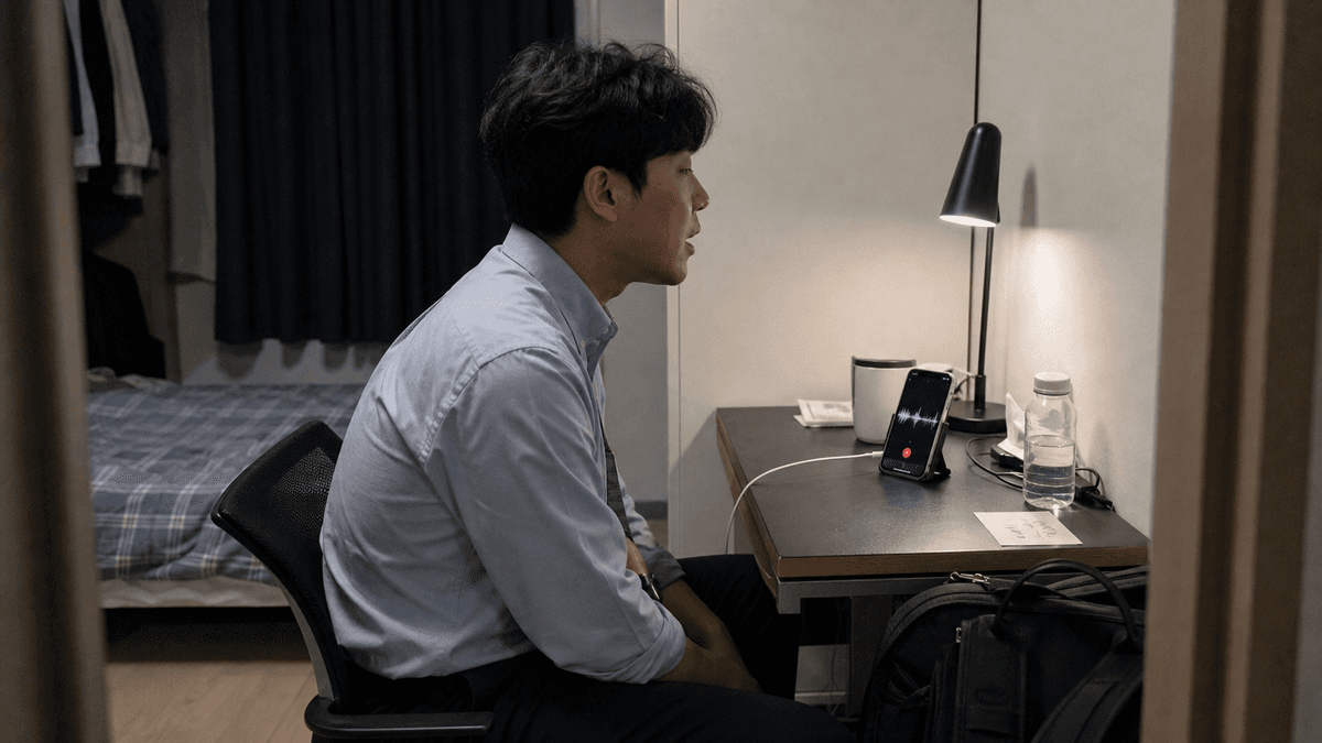 남성이 책상에 앉아 이어폰을 착용하고 스마트폰으로 자신의 목소리를 녹음하고 있다.