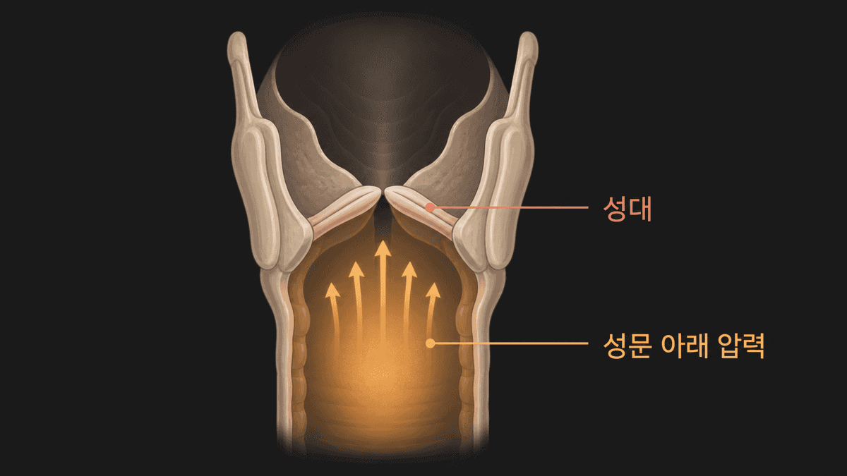 후두 단면에서 성문 아래쪽 공기 압력이 성대를 향해 작용하는 위치