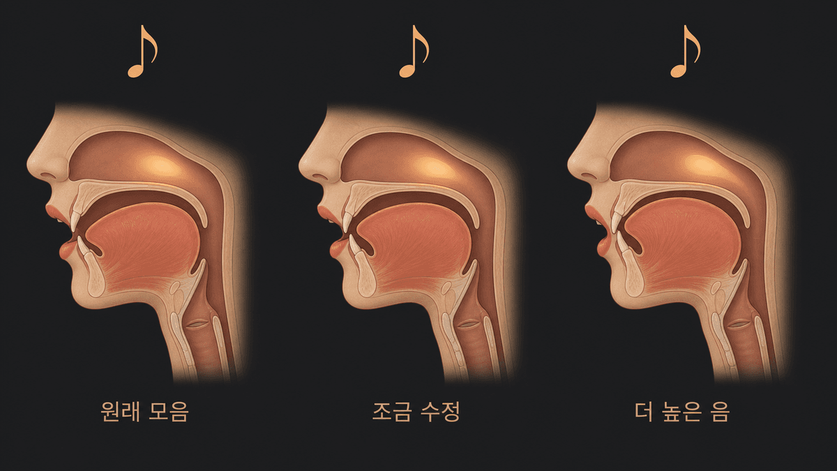 같은 음높이에서 혀와 턱, 입술 모양이 조금 달라지며 모음 공명이 바뀌는 모습