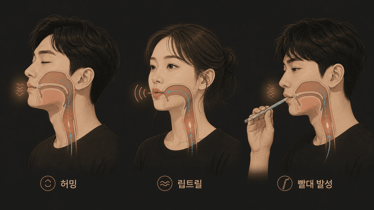 허밍과 립트릴, 빨대 발성에서 성대 위쪽 통로가 서로 다르게 좁아지는 모습
