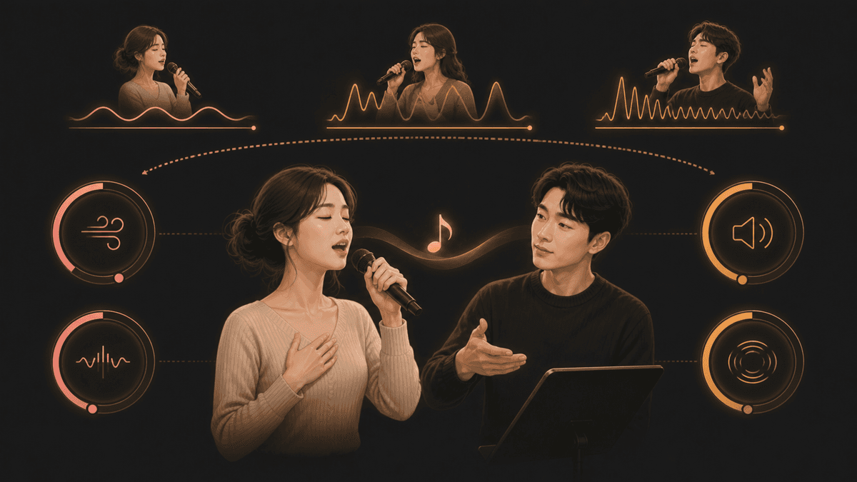 호흡과 성대 접촉, 음량과 공명의 조절값이 노래 과제에 따라 달라지는 그림