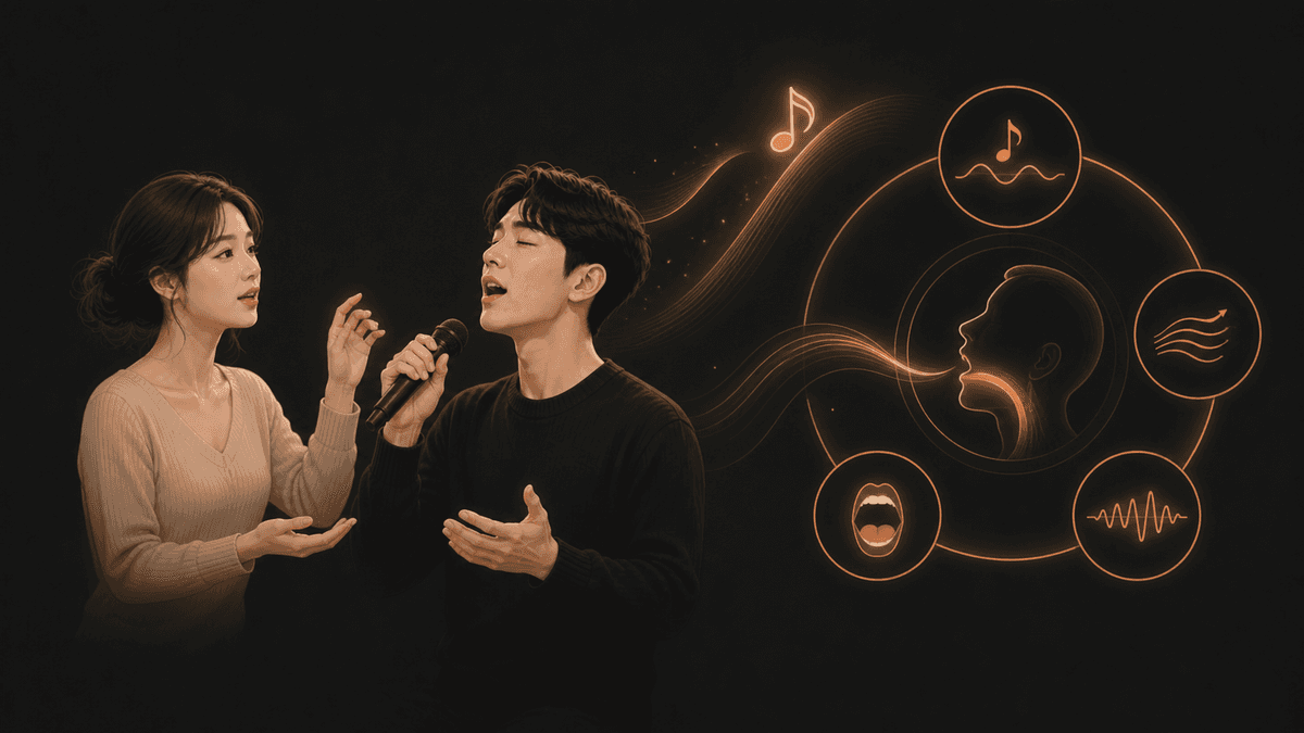 높은 음을 낼 때 음높이와 성구, 호흡, 음량과 모음이 함께 조절되는 그림