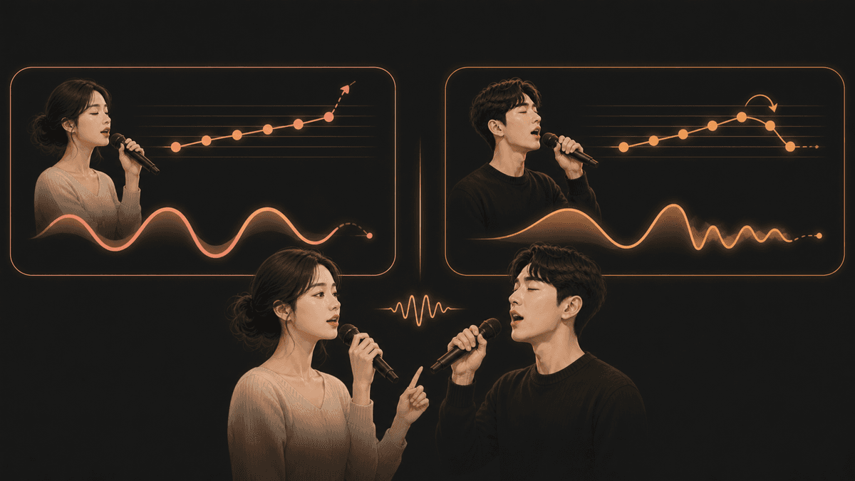 기준 음에서 벗어난 음정과 성구 전환 중 뒤집힌 소리를 나란히 비교한 그림