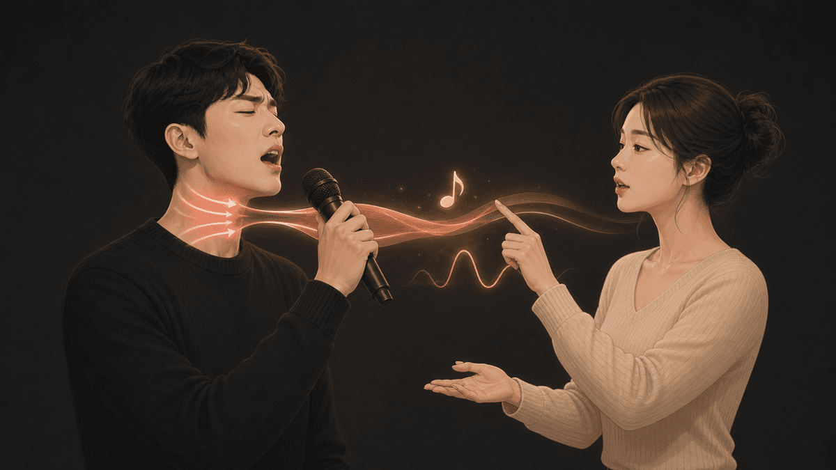 성대의 필요한 접촉과 지나치게 눌린 접촉을 비교한 교육 그림