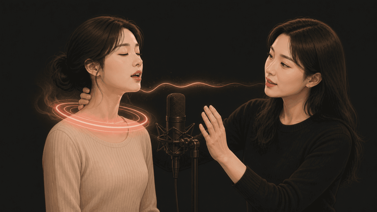 음높이에 필요한 성대 장력과 턱과 목 주변의 불필요한 힘을 나눈 그림