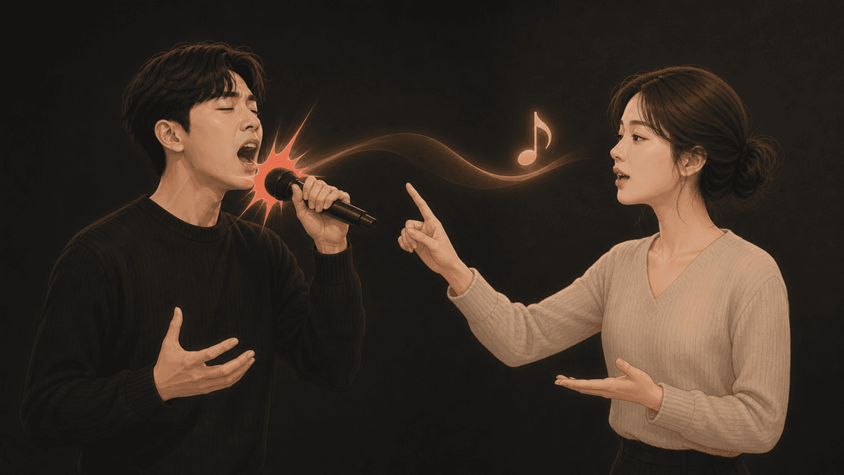 강한 자음의 어택과 성대가 단단히 닫힌 온셋을 나눠 보여 주는 그림