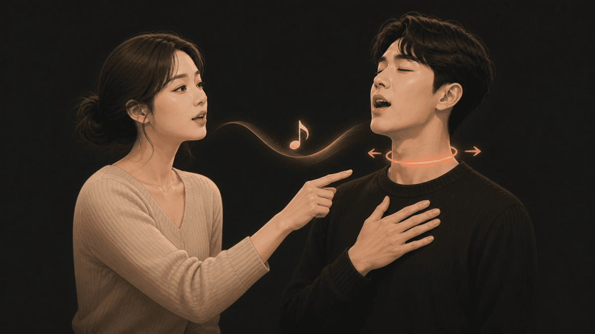 후두 단면에서 성대와 성문 위 구조, 목 바깥에서 느끼는 조임의 위치를 구분한 그림