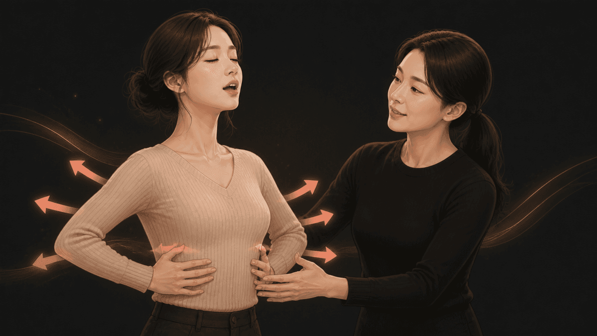 들숨 전후 갈비뼈가 앞뒤와 옆 방향으로 넓어지는 모습을 비교한 그림