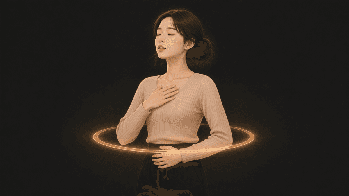 들숨 때 횡격막이 내려가고 복부 내용물이 이동하면서 배벽이 바깥으로 움직이는 그림