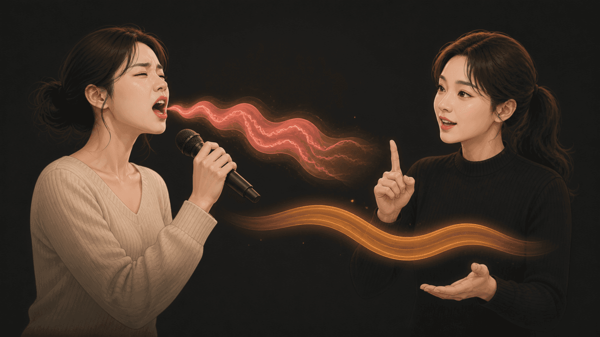 복강과 폐, 성대 아래에서 서로 다른 압력과 공기 흐름을 구분한 그림
