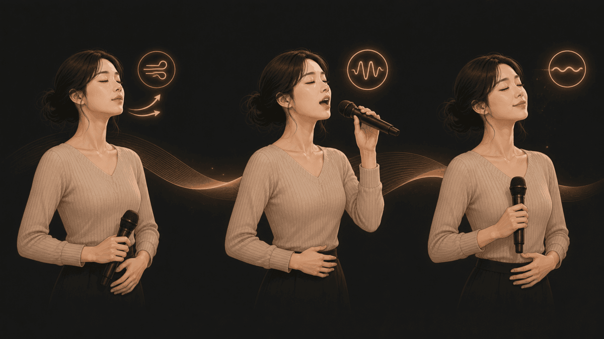 노래의 들숨 준비와 첫음, 구절 중간, 구절 끝에서 달라지는 공기 흐름을 나타낸 그림