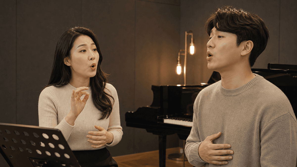 한국인 성인 강사가 모음 소리를 시범 보이고 수강생이 따라 노래하는 장면