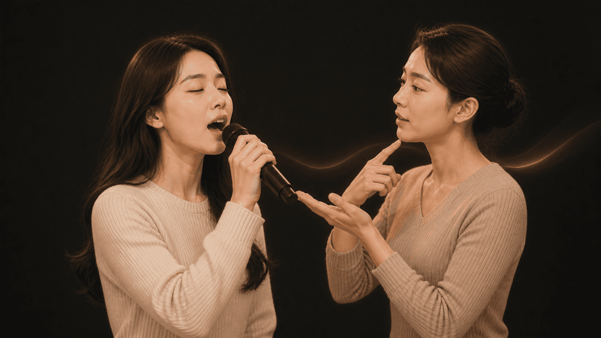 한국인 성인 수강생이 노래하고 강사가 턱과 혀의 힘을 빼도록 안내하는 장면